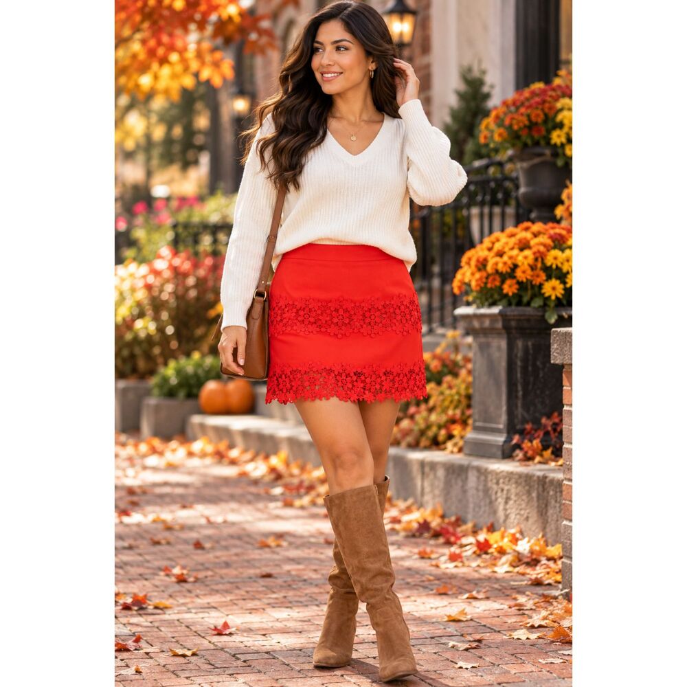 J.Crew Women's Size 8 Red Orange Lace Mini Skirt Floral Embroidered Lined #24